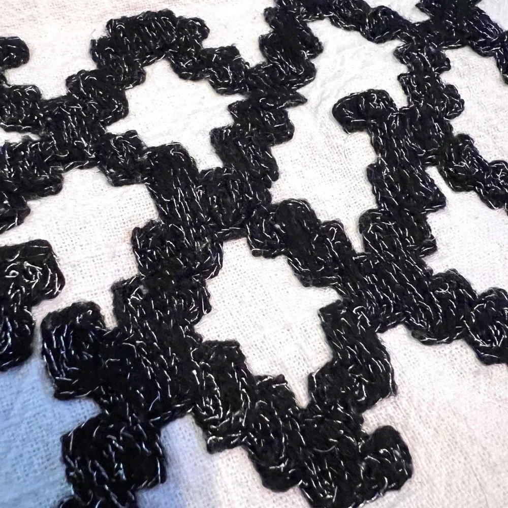 Pier 1 Imports-2 Table Mats-White Cotton with Black Shiny Black Zig Zag on Front